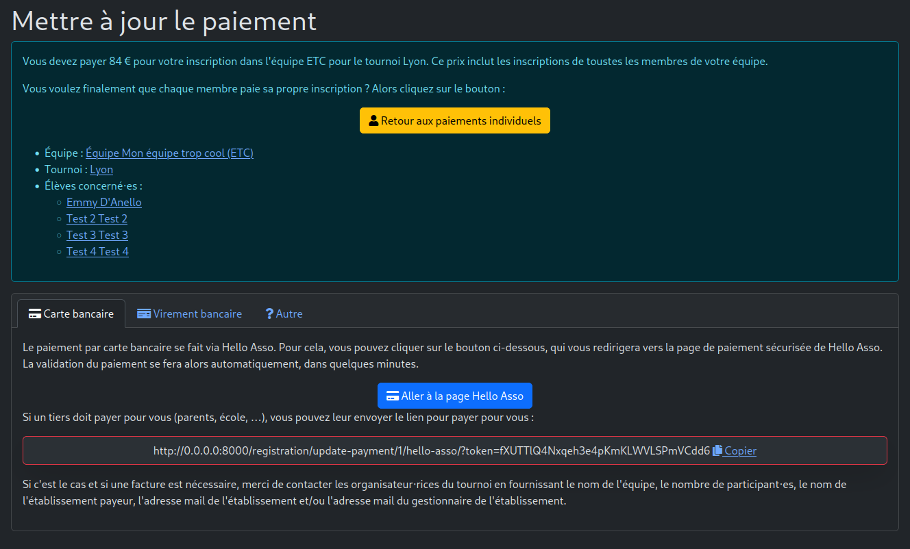 Page de paiement groupé